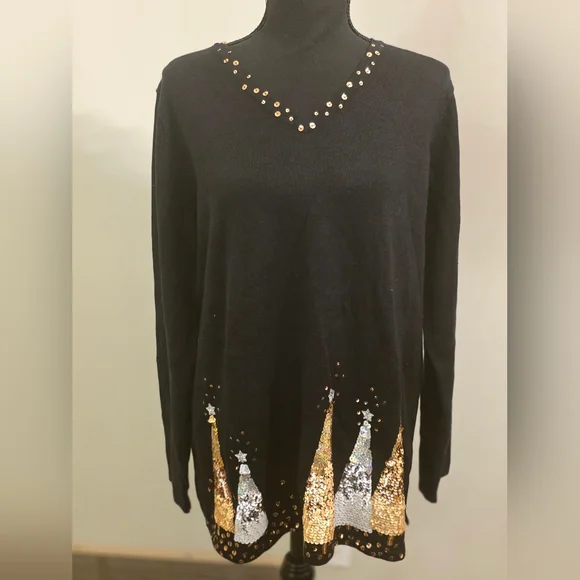 Quacker Factory Black Sweater with Gold and Silver Sequin Design - Picture 1 of 5